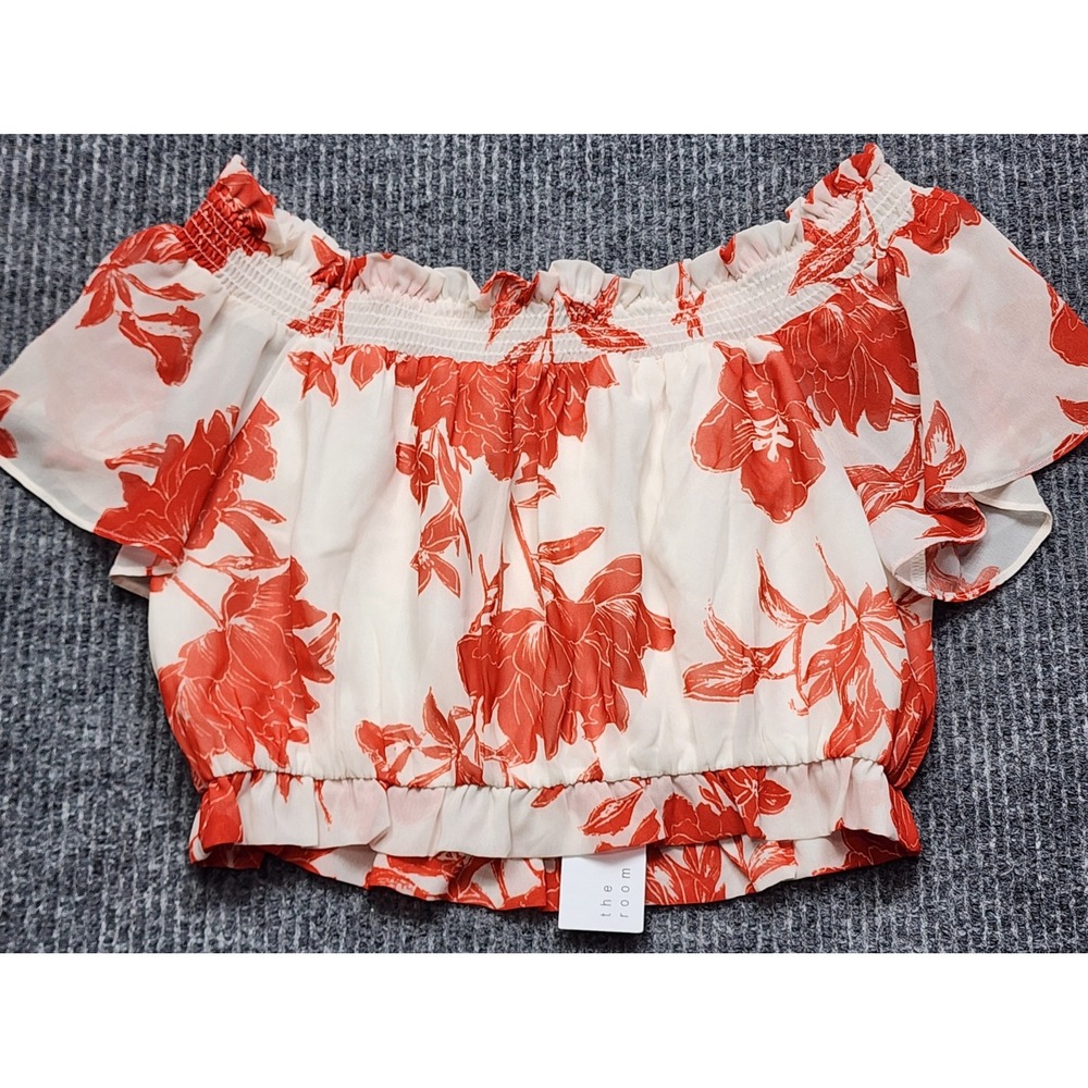 The Room Floral Off The Shoulder Crop Top Red White Smocked Ruffle Blouse - Picture 1 of 10